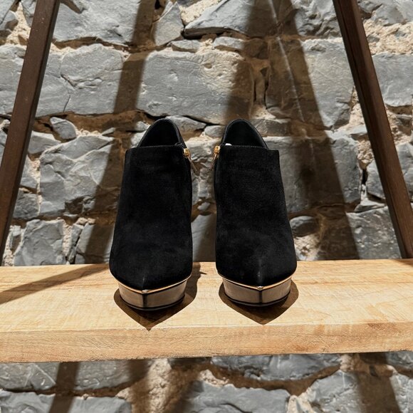 Saint Laurent Black Suede Gold Trim Janis Platform Ankle Booties - Picture 2 of 10